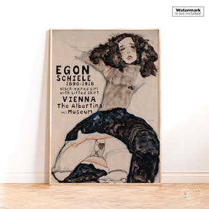 Stampa poster retrò di Egon Schiele, Ragazza dai capelli neri con gonna sollevata Poster espositivo, Stampa d'arte, Idea regalo per l'inaugurazione della casa