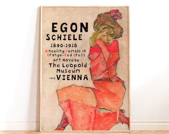 Egon Schiele Retro Poster Print, Kneeling Female in Orange-Red Dress Exhibition Poster, Fine Art Print, Housewarming Gift Idea