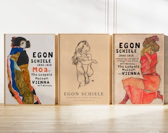 Conjunto de 3 impressões de Egon Schiele, arte de parede de galeria moderna de meados do século, decoração de casa moderna, arte de parede de Egon Schiele