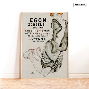 Stampa di Egon Schiele, Donna inginocchiata con mantello grigio Stampa artistica Schiele Retro Exhibition Poster, Schiele Wall Art Idea regalo per l'inaugurazione della casa