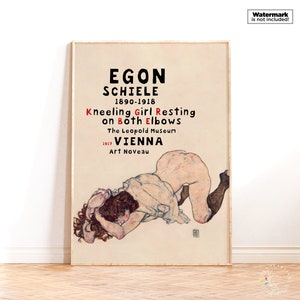 Ragazza inginocchiata appoggiata su entrambi i gomiti, stampa artistica di Egon Schiele, poster della mostra retrò di Schiele, arte murale di Schiele