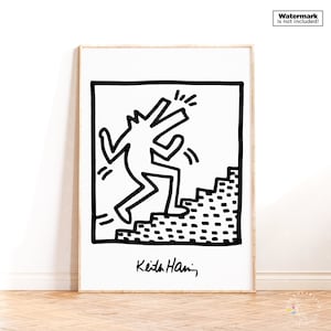 Stampa di Keith Haring, Keith Haring che abbaia cane che sale le scale, poster pop art, stampa d'arte contemporanea, decorazione da parete