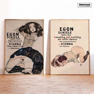 Egon Schiele Print 2er Set, Schwarzhaariges Mädchen, Ausstellungsposter, Galeriewand