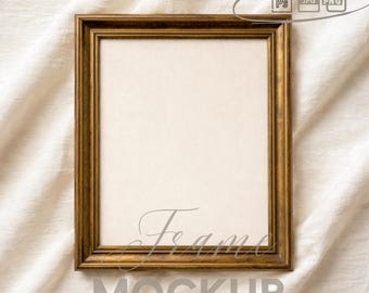 Antique Gold Vertical Frame Mockup with Linen Background, Vintage Cottage Wall Art Mockup, Cozy Neutral Frame, PSD, Digital Download