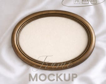 Antique Oval Frame Mockup with Linen Background, Vintage Gold Oval Frame, Cottage Style Wall Art Mockup, PSD, Digital Download