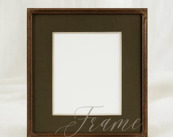 Classic Vertical Frame Mockup with Linen Mat, Antique Wood Frame, Neutral Wall Art Mockup, PSD, Digital Download