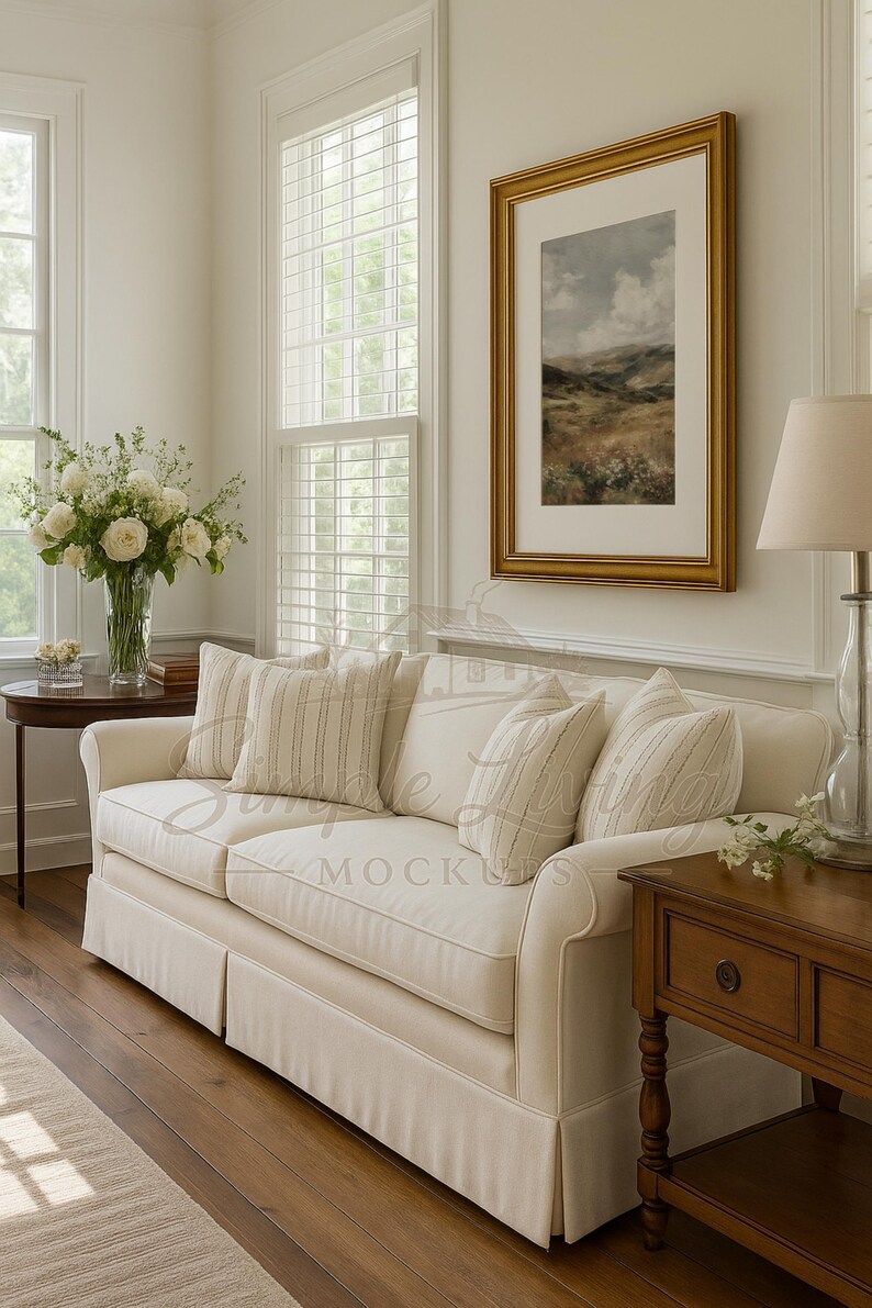 May include: A cream sofa with striped cushions and a framed landscape painting. The room includes a wooden side table, a lamp, and a vase of white flowers. The decor creates a comfortable and elegant atmosphere.