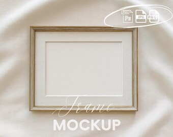 Horizontal Cream Frame Mockup, Antique Neutral Wall Art Mockup, Linen Background Frame, Landscape PSD Mockup