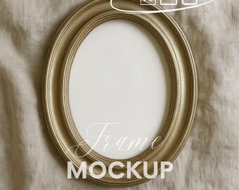 Oval Gold Frame Mockup, Vintage Oval Wall Art, Linen Background Frame PSD, Classic Decor Mockup, Digital Download