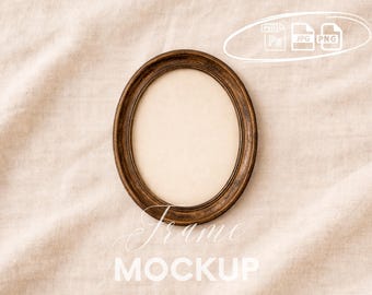 Antique Oval Frame Mockup with Linen Background, Vintage Gold Oval Frame, Minimal Cottage Wall Art Mockup, PSD, Digital Download