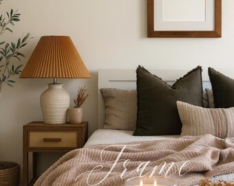 Bedroom Frame Mockup, Brown Wood Frame Wall Art, Cozy Neutral Interior Mockup, Rustic Home Decor PSD
