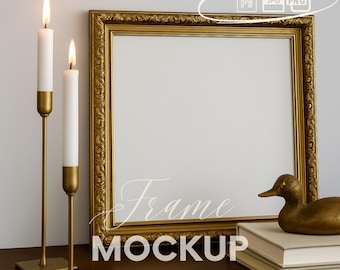 Vintage Gold Square Frame Mockup with Neutral Wall, Elegant Tabletop Styling, Ornate Picture Frame PSD, Classic Decor, Digital Download