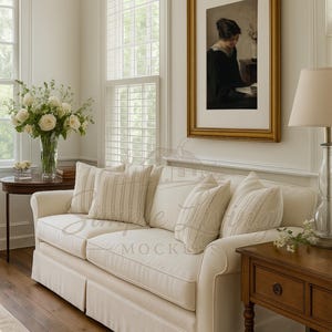 May include: A cream sofa with striped cushions and a framed painting. A vase of white flowers sits on a side table. The room has hardwood flooring and large windows.