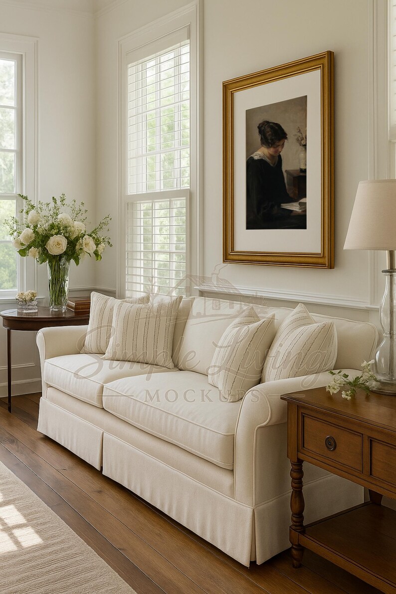 May include: A cream sofa with striped cushions and a framed painting. A vase of white flowers sits on a side table. The room has hardwood flooring and large windows.