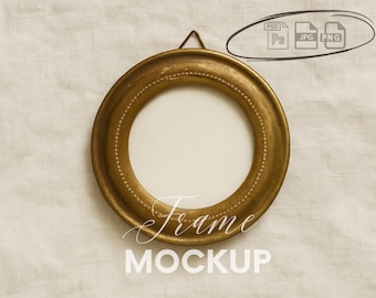 Cottage Style Round Frame Mockup with Linen Background, 4x4 Frame, Cozy Neutral Wall Art Mockup, PSD, Digital Download