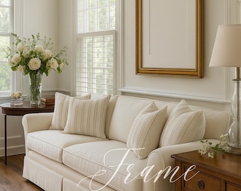 Large Gold Frame Mockup, Elegant Living Room Wall Art Mockup, Neutral Interior Frame PSD, Classic Home Decor Mockup