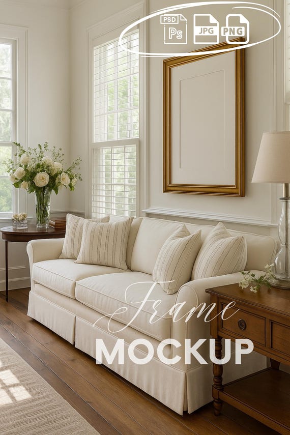 Large Gold Frame Mockup, Elegant Living Room Wall Art Mockup, Neutral Interior Frame PSD, Classic Home Decor Mockup