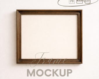 Antique Gold Frame Mockup with Neutral Wall Background, Horizontal Vintage Frame, Cozy Cottage Wall Art Mockup, PSD, Digital Download