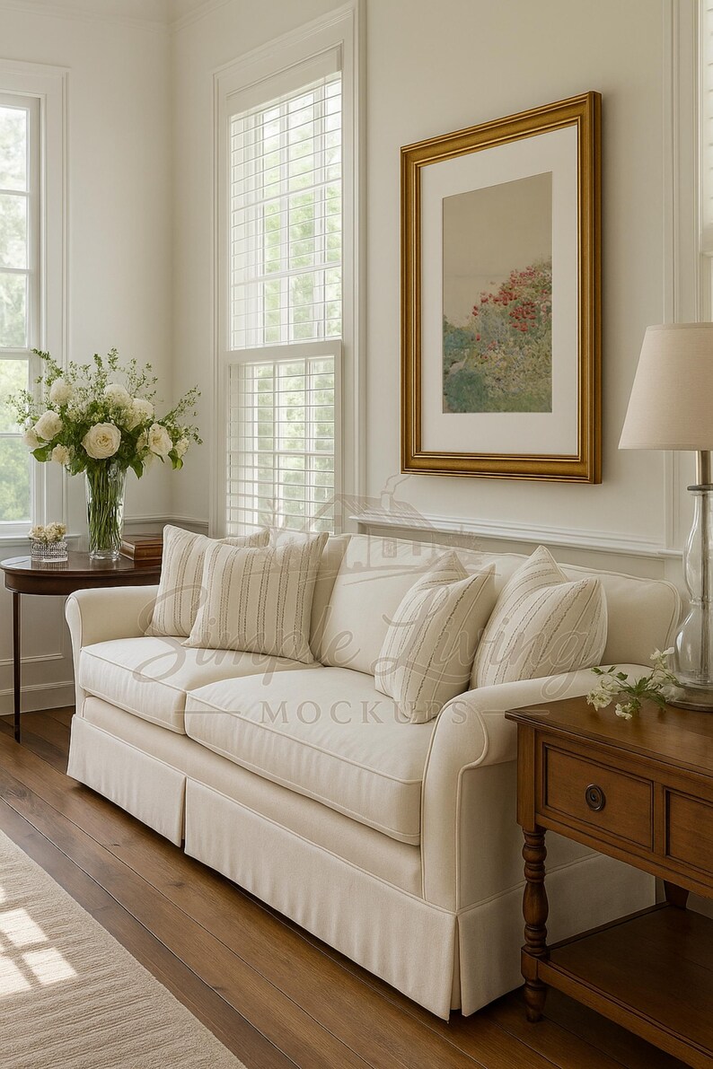 May include: A cream sofa with striped and plain cushions in a bright room. A framed picture hangs above the sofa. A side table with a lamp and a vase of flowers are also visible. The room has wooden floors and large windows.