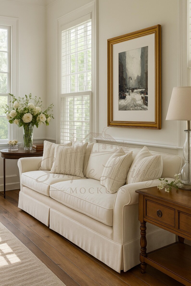 May include: A cream sofa with striped and patterned cushions in a bright room with a framed painting and a table lamp. The room has wooden flooring and large windows with white shutters. A vase of white flowers sits on a small side table.