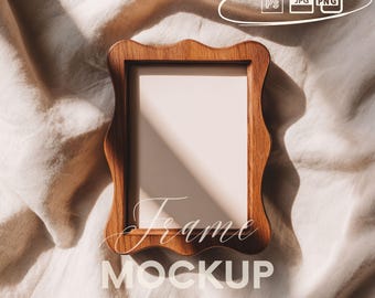 Cottage Style Wooden Frame Mockup with Linen Background, Wavy Edge Picture Frame, Cozy Neutral Wall Art Mockup, PSD Digital Download