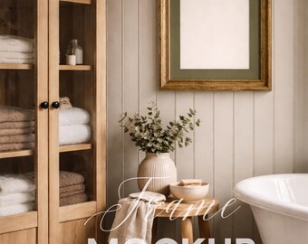 Antique Gold Frame Bathroom Mockup with Beadboard Wall, Cozy Cottage Bathroom Wall Art Mockup, Vintage Frame with Mat, PSD, Digital Download