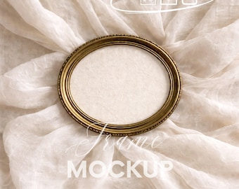 Oval Frame Mockup, Horizontal Oval Wall Art Display, Neutral Linen Frame Mockup, Vintage Style PSD, Digital Download