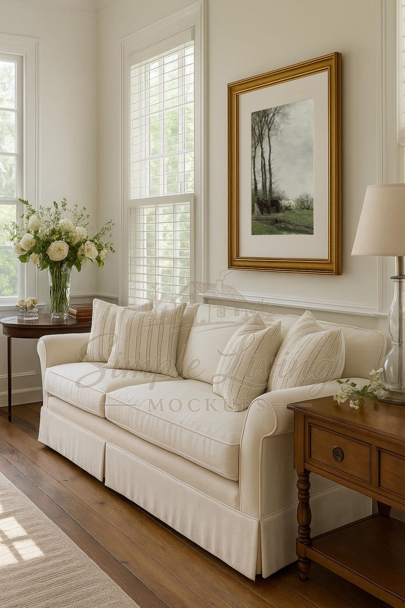 May include: A cream sofa with striped and textured cushions. A framed landscape painting hangs above the sofa. A side table with a lamp and a vase of flowers are also visible. The room has wooden flooring and large windows.