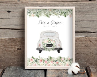 Wedding Car Personalized Print, Wedding Gift, Wedding Car Poster, Baby's Breath Floral, Personalized Wedding Gift, Wedding Money Gift Poster