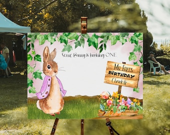 Telón de fondo de cumpleaños de Peter Rabbit, primer telón de fondo de cumpleaños, decoración de fiesta de Peter Rabbit, telón de fondo imprimible, cartel de primer cumpleaños de Flopsy Bunny