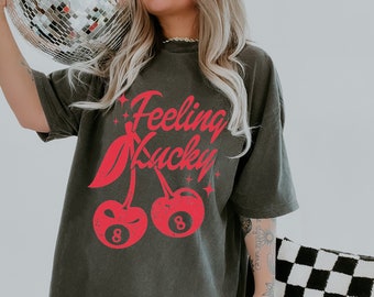 Feeling Lucky Cherry 8 ball Graphic Tee, Vintage-Inspired Cherry Print Shirt, Retro Graphic Tee, Y2k Shirt, Trendy Graphic Tee, Boho Tee