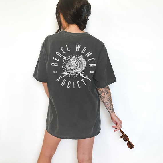 Rebel Women Society Graphic Tee, Vintage Black Oversized Shirt, Boho Graphic Tee, Tiger Print, Feminist Apparel, Women's Trendy Shirt