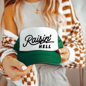 Raisin Hell Retro Trucker Hat. Western Hat, Country Concert Outfit, Edgy Trucker hate, Rocker Aesthetic, Music Festival Accessories