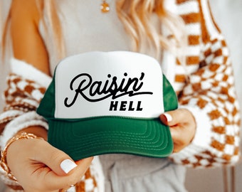 Raisin Hell Retro Trucker Hat. Western Hat, Country Concert Outfit, Edgy Trucker hate, Rocker Aesthetic, Music Festival Accessories