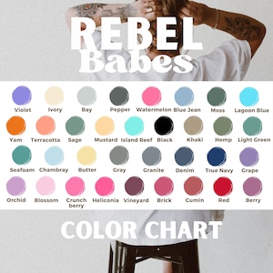 May include: Colour chart with 24 different colour swatches. Each swatch is labelled with a colour name. The colour names include: Violet, Ivory, Bay, Pepper, Watermelon, Blue Jean, Moss, Lagoon Blue, Yam, Terracotta, Sage, Mustard, Island Reef, Black, Khaki, Hemp, Light Green, Seafoam, Chambray, Butter, Grey, Granite, Denim, True Navy, Grape, Orchid, Blossom, Crunch berry, Heliconia, Vineyard, Brick, Cumin, Red, Berry.