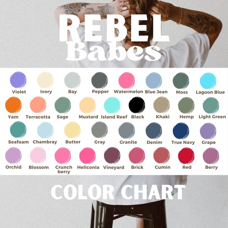 May include: Colour chart with 24 different colour swatches. Each swatch is labelled with a colour name. The colour names include: Violet, Ivory, Bay, Pepper, Watermelon, Blue Jean, Moss, Lagoon Blue, Yam, Terracotta, Sage, Mustard, Island Reef, Black, Khaki, Hemp, Light Green, Seafoam, Chambray, Butter, Grey, Granite, Denim, True Navy, Grape, Orchid, Blossom, Crunch berry, Heliconia, Vineyard, Brick, Cumin, Red, Berry.