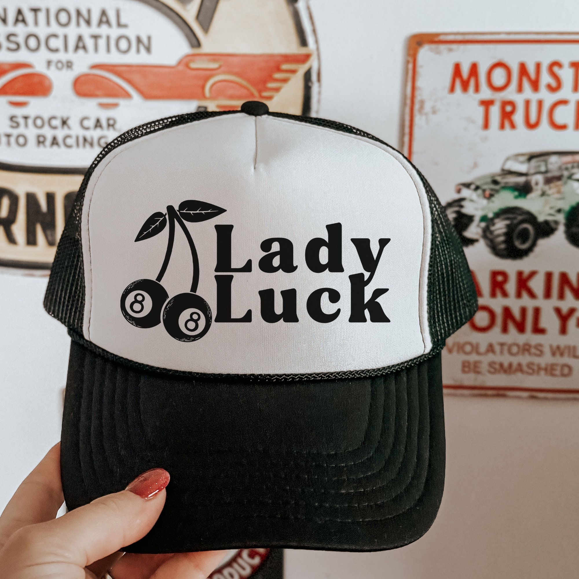 Lady Luck Trucker Hat, Vintage-inspired Cherry 8 Ball 