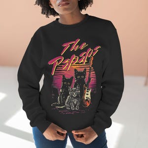 funny retro cat band sweatshirt | vaporwave 80s fashion | silly kitty rock concert pullover | edgy clothing | punk rock black cat apparel