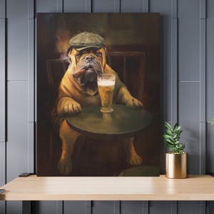 masculine wall art | bullmastiff cigar canvas | pub dog beer print | funny bulldog bar decor | man cave gift for cigar & beer lovers