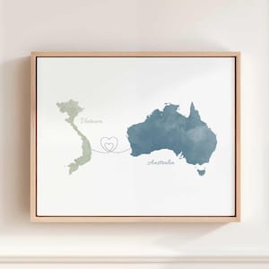 Regalo de mudanza, Impresión personalizada de mudanza, Regalo de mapa de inmigración, Dos hogares, un corazón, Regalo de ciudadanía, Arte de recuerdo de viaje
