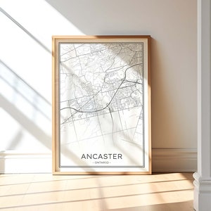 Carte d'Ancaster en Ontario, impression d'Ancaster en noir et blanc, contour de la carte d'Ancaster, affiche minimaliste d'Ancaster, art mural Ancaster Hamilton