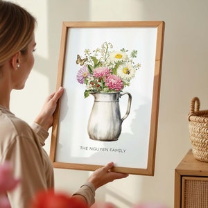 Ramo de flores de nacimiento para la familia, ramo personalizado con descarga DIGITAL, regalo para mamá, regalo para la abuela, póster de flores del mes de nacimiento de nuestra familia