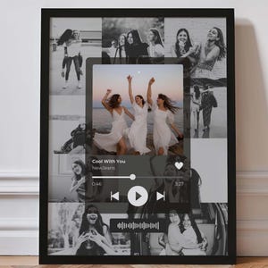 May include: Black framed photo collage featuring multiple black and white images of friends. A central image shows three women in white dresses. A music player graphic with the text "Cool With You" is overlaid on the image.