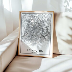 May include: A black and white map print of Lexington, Kentucky in a gold frame. The map shows the city streets and landmarks. The print is hanging on a white couch.