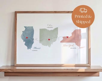 Personalized 3 States Map Print, Three Locations Gift, Long Distance Relationship Wall Art