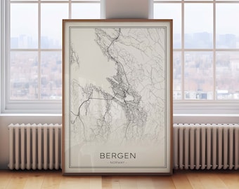 Bergen Map Download, Bergen City Map, Bergen Printable Map, Black and White Bergen Print, Map of Bergen Norway, Minimalism Bergen Art