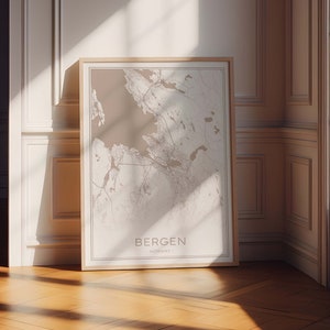 Mapa de Bergen, impresión de Bergen, cartel de Bergen, mapa de calles imprimible de Bergen, mapa de Bergen beige, arte pastel de Bergen, arte de la pared de Bergen de Noruega