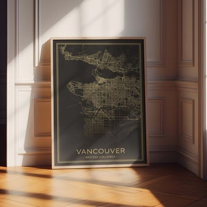Mapa de Vancouver, impresión de Vancouver en negro y dorado, cartel digital de la ciudad de Vancouver, descarga instantánea del mapa de Vancouver, cartel de Columbia Británica