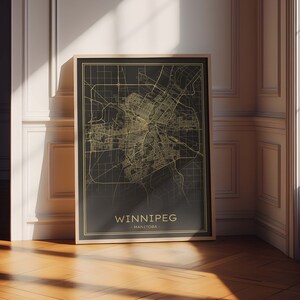 Mapa de Winnipeg, impressão de Winnipeg, pôster de Winnipeg Manitoba, mapa de Winnipeg preto e dourado, mapa digital de Winnipeg, download de mapa de Winnipeg