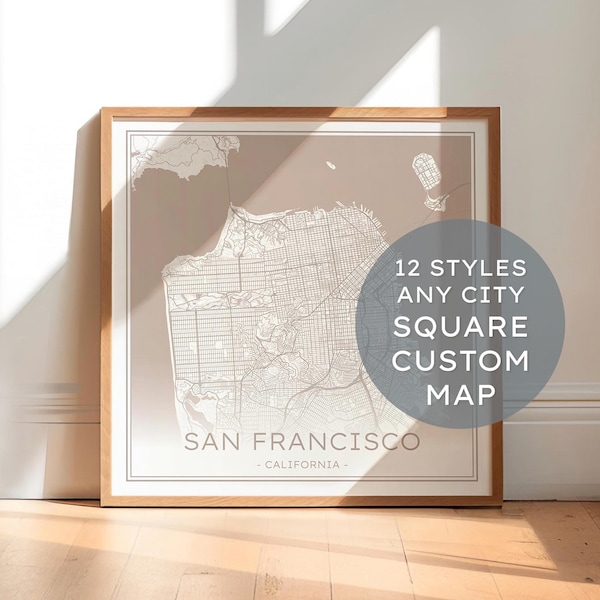 Square City Map, Custom Map Print, Any Location Map, Any City Map, Neutral Square Map, New Home Gift,  Moving Gift, Paper Anniversary Gift